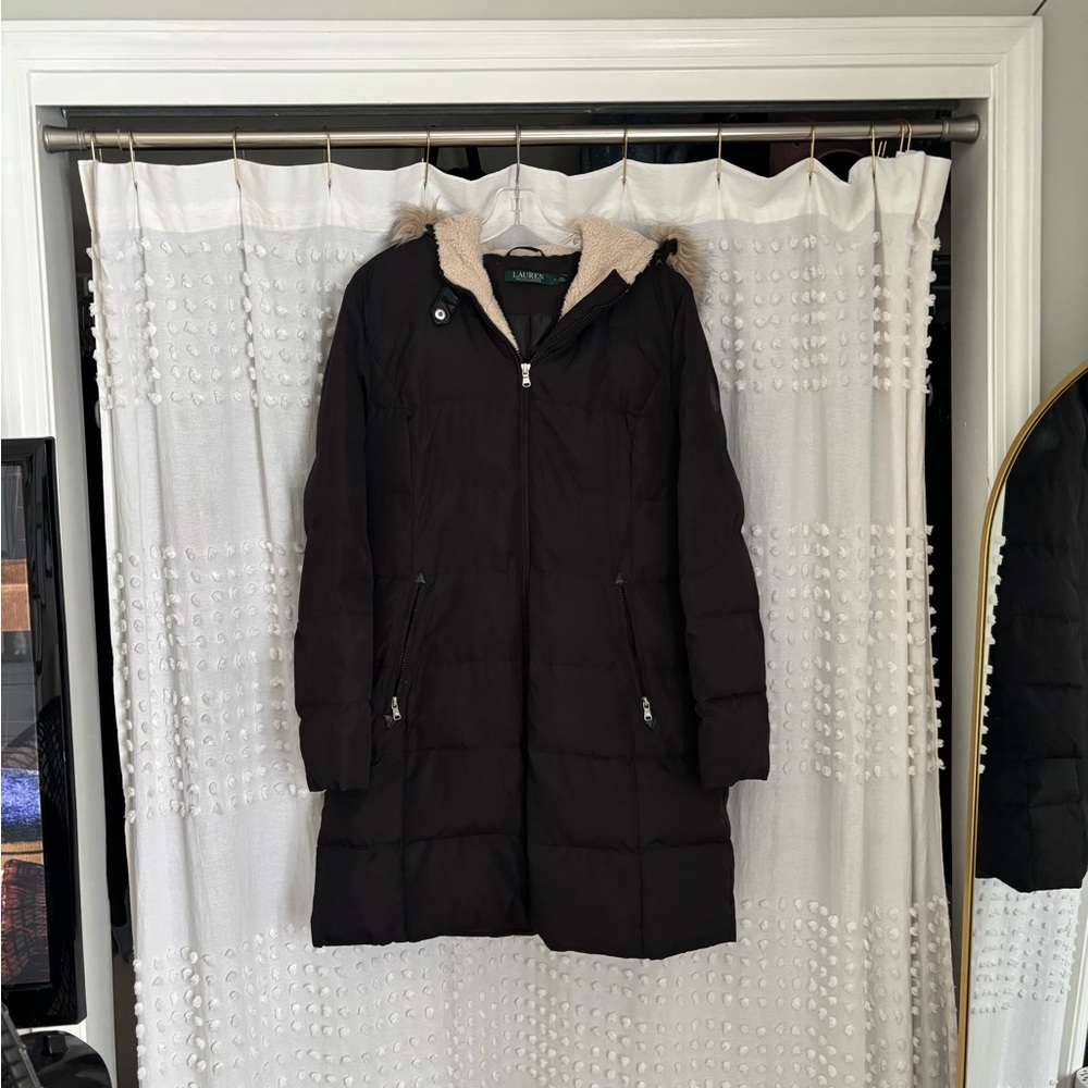 Lauren Ralph Lauren Black Puffer Coat with Cream Accents